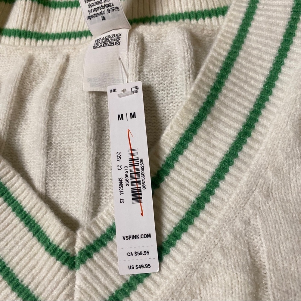 Pink Victoria secret Ivory Knit V-Neck Tennis Sweater Vest with Green Trim - Picture 7 of 8